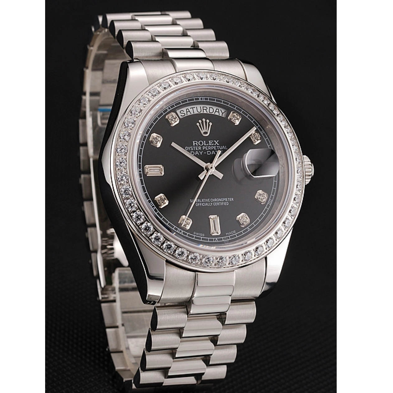 Good Copy Rolex Watches Bracelet Numerals Steel Rolex Day-Date Case Swiss Diamond Dial Stainless Black Diamond 1453966 0623